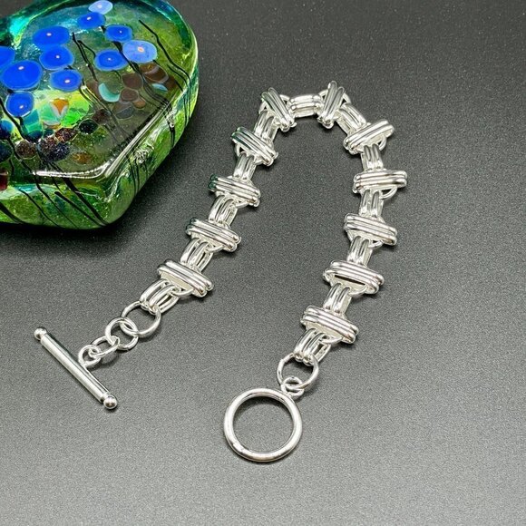 Sterling Silver 925 Double Bar Crosshatch Chain Bracelet #1175 - Picture 4 of 5